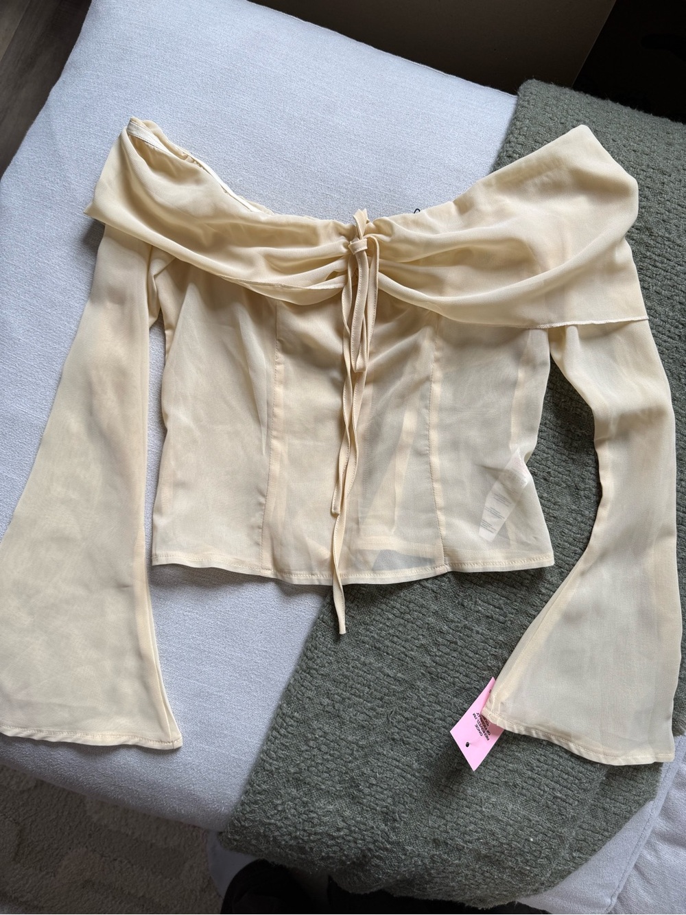 PrettyLittleThing Cream Off-Shoulder Tie-Front Sheer Blouse